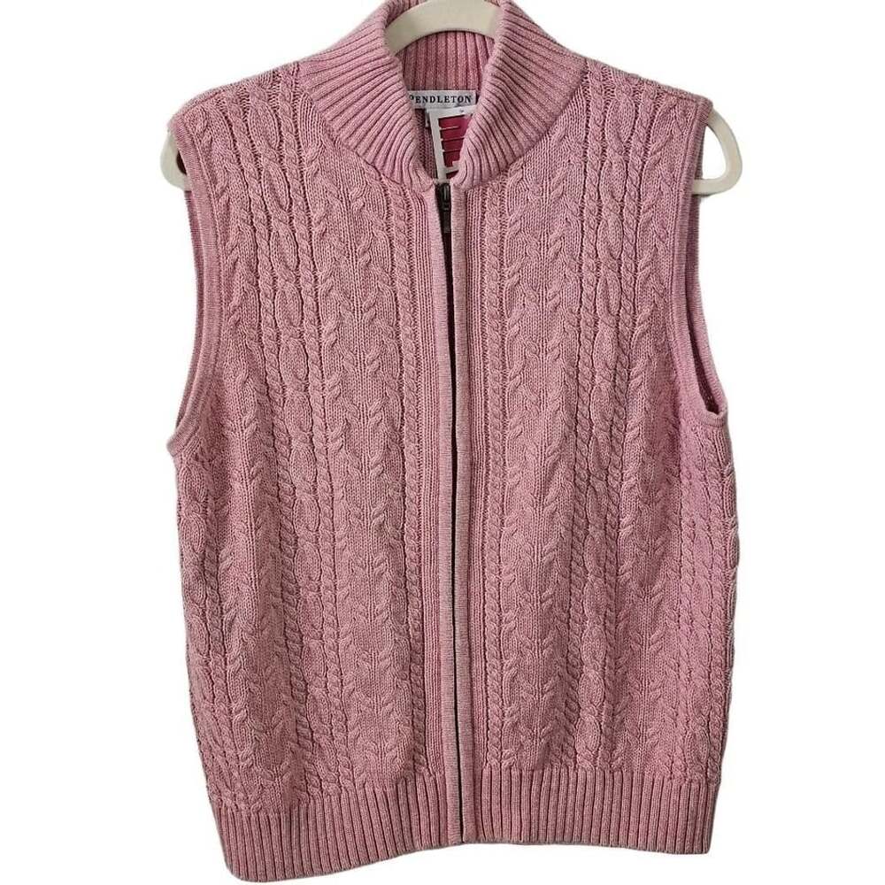 Pendleton Women’s L Pink Cable Knit Full Zip Sweater Vest Cotton Preppy